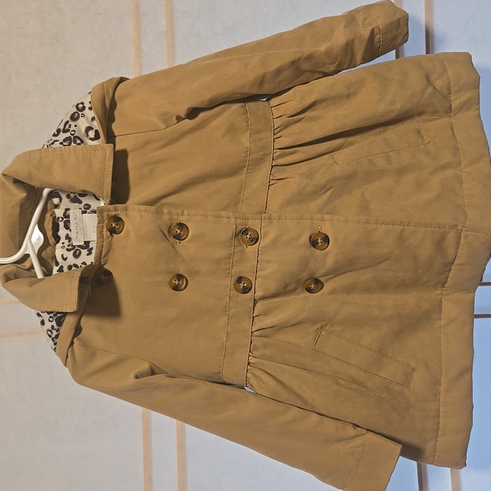 Tahari Tan Double-Breasted Coat with Leopard Lining